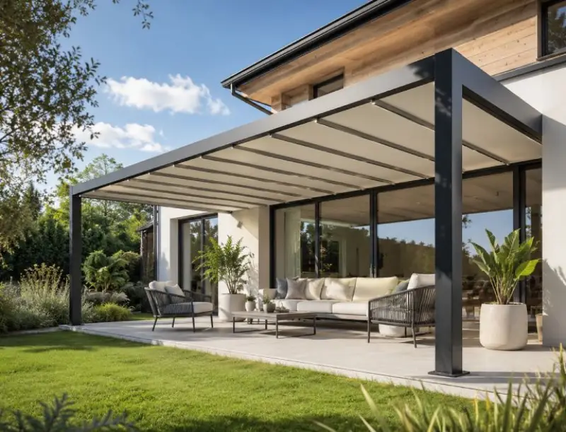pérgola lona tensada jardín